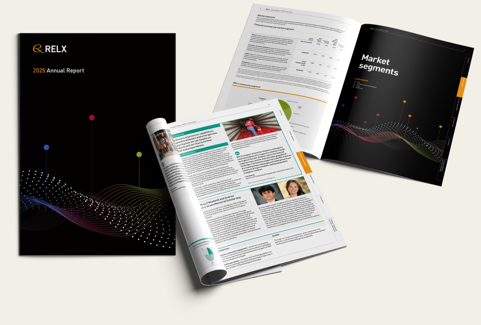 RELX annual report artwork — cover and corporate reporting spreads