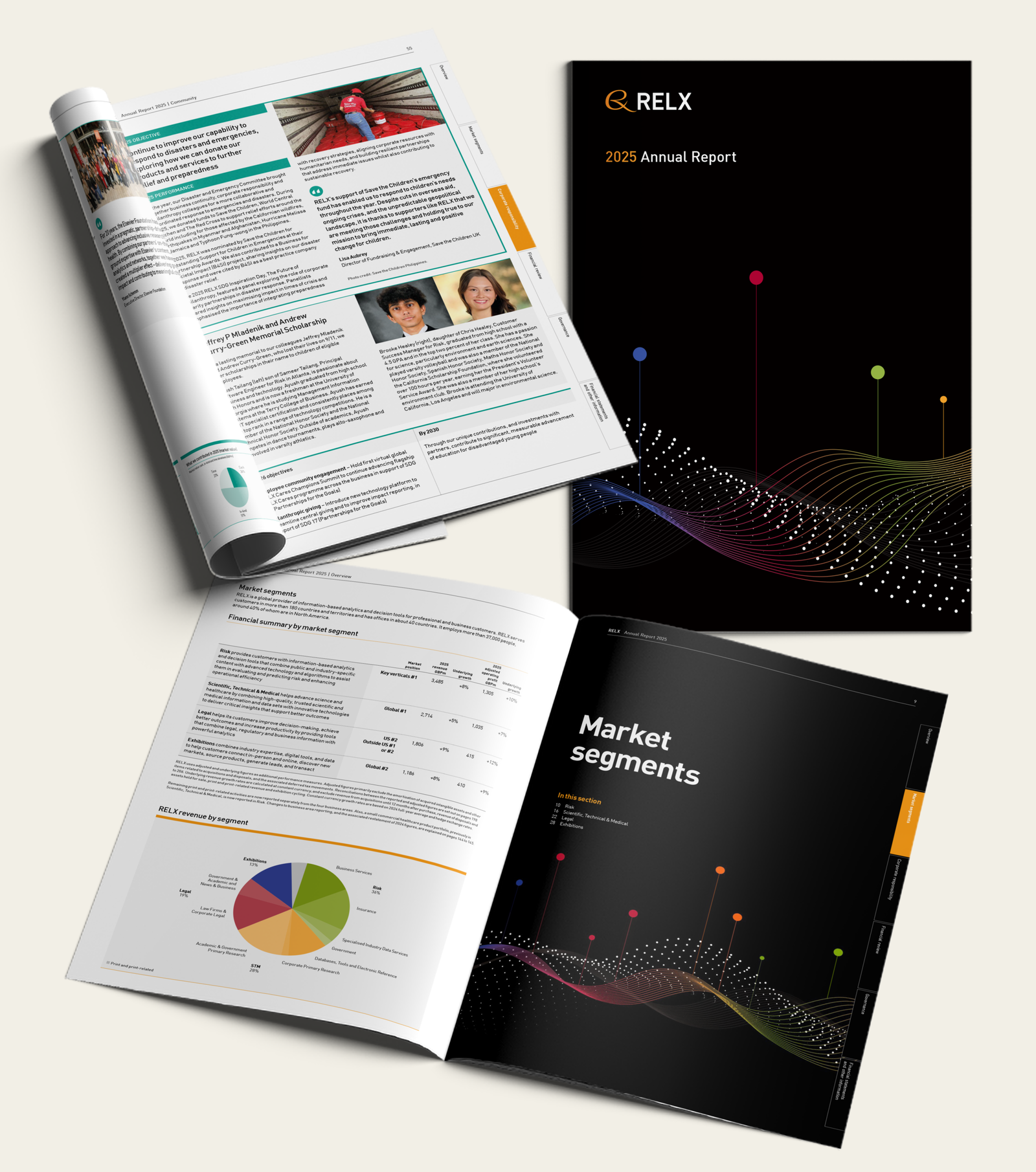 RELX annual report artwork — cover and corporate reporting spreads
